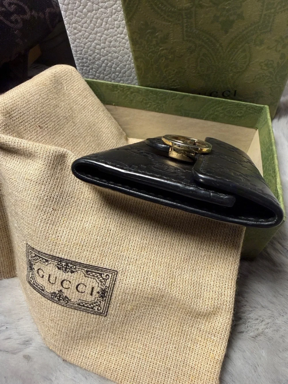 Gucci Black Embossed GG Card Case with Gold Interlocking G